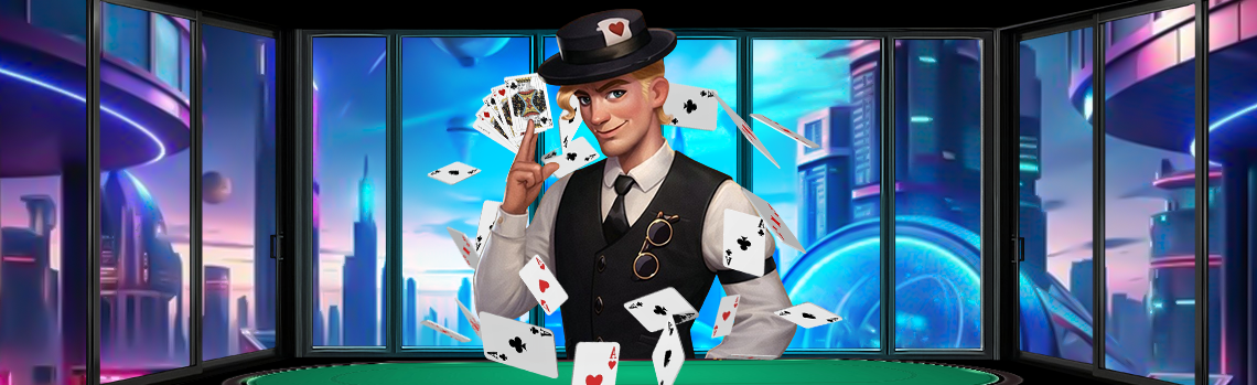 Card dealer with flying playing cards in futuristic casino setting - understanding house edge and odds at Milkyways