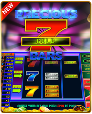Precious 7 Gold Bars slot game — classic 777 reel machine with multiplier pay table and push spin to play feature