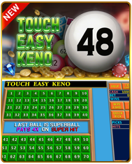 Touch Easy Keno 2 game — large numbered keno ball showing 48 with superball pays 4x on super hit feature