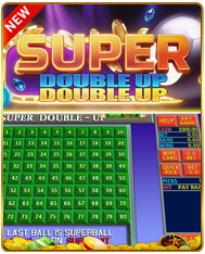 Super Double Up keno game — numbered grid board with Last Ball is Superball bonus feature on dark background