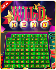 Wild Keno game — numbered grid board with bold Wild Keno title and star burst on dark background