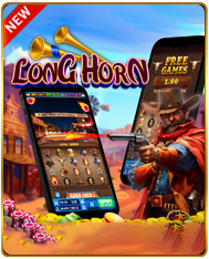 Long Horn slot game — Wild West cowboy with revolver promoting free games feature on mobile