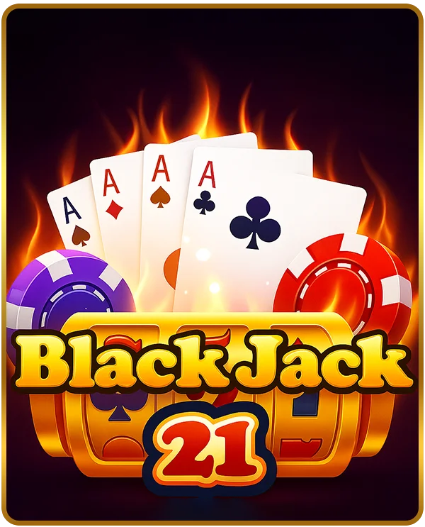 Blackjack 21 slot game with four aces and casino chips on fire - free social casino game at Milkyways