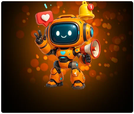 Milky Ways Casino support robot mascot with like, notification, and contact icons