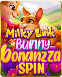 Milky Link Bunny Bonanza Spin special slot game at Milkyway – adorable pair of cuddling bunnies with colorful Easter eggs and spring flowers