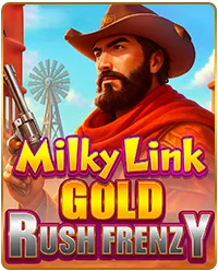 Milky Link Gold Rush Frenzy special slot game at Milkyway– rugged cowboy with revolver standing against windmill and golden sunset sky