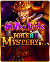 Milky Link Joker's Mystery Reels special slot game at Milkyway – mischievous joker with golden crown curved horns, scepter, and colorful balloons