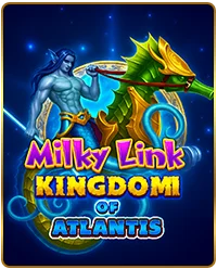 Milky Link Kingdom of Atlantis special slot game at Milkyway Casino Texas – muscular blue merman warrior riding golden seahorse in starry underwater scene