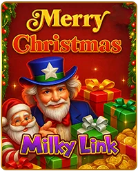 Merry Christmas Milky Link special slot game at Milkyway USA– festive Santa Claus with Uncle Sam hat surrounded by Christmas gifts and gold coins
