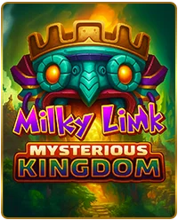 Milky Link Mysterious Kingdom special slot game at Milkyway – mystical Mayan stone mask with glowing green eyes golden crown and ancient ruins