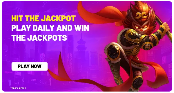 Monkey King jackpot slots promotional banner with fierce warrior hitting the jackpot, play now button, daily wins theme.