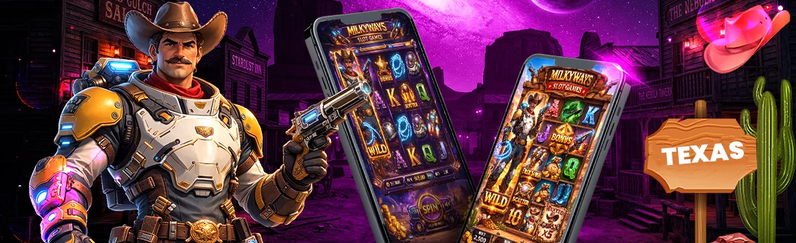 Milkyways Online Casino USA — futuristic cowboy mascot with glowing revolver displaying live slot games on two mobile phones in a cinematic purple Wild West setting