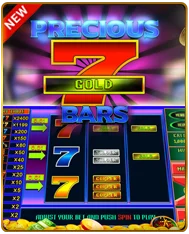 Precious 7 Gold Bars slot game — classic 777 reel machine with multiplier pay table and push spin to play feature
