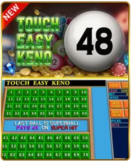 Touch Easy Keno 2 game — large numbered keno ball showing 48 with superball pays 4x on super hit feature