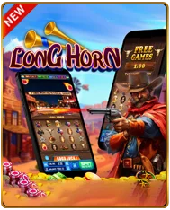 Long Horn slot game — Wild West cowboy with revolver promoting free games feature on mobile