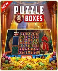 Promotional banner for Puzzle Boxes online slot game featuring a masked heist character in a red jumpsuit, a grid-based puzzle reel display with character symbols and a money meter, overflowing gold coins, and a "New" badge set against a grand ornate interior background