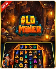 Promotional banner for Old Miner online slot game featuring a rugged prospector character beside a torch-lit underground mine shaft, detailed reel grid with mining-themed symbols, and a "New" badge set against a rustic golden cave background