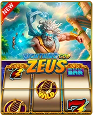 Promotional banner for Lightning God Zeus online slot game featuring a powerful Zeus hurling thunderbolts, classic reels displaying wild, BAR, and lucky 7 symbols, and a "New" badge set against a mythological Greek sky background
