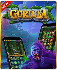 Promotional banner for Gorilla online slot game featuring a fierce roaring gorilla, mobile gameplay screenshots with jungle-themed reels and bonus symbols, and a "New" badge on a lush tropical rainforest background