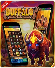 Promotional banner for Buffalo online slot game featuring a glowing bison, mobile gameplay screenshots with reels and bonus features, and a "New" badge on a dramatic sunset savanna background