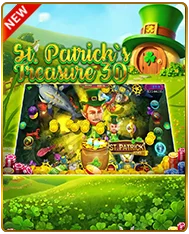 Promotional banner for St. Patrick's Treasure 3D online slot game featuring a cheerful leprechaun surrounded by golden coins, four-leaf clovers, rainbows, and festive Irish symbols on a lush green countryside background, with a "New" badge and vibrant 3D reel display