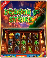 Promotional banner for Dragon Strike online slot game featuring a fierce green dragon looming over a 5-reel grid displaying Asian-themed symbols including lanterns, lucky charms, and playing card icons, with a "New" badge set against a vibrant oriental night market background